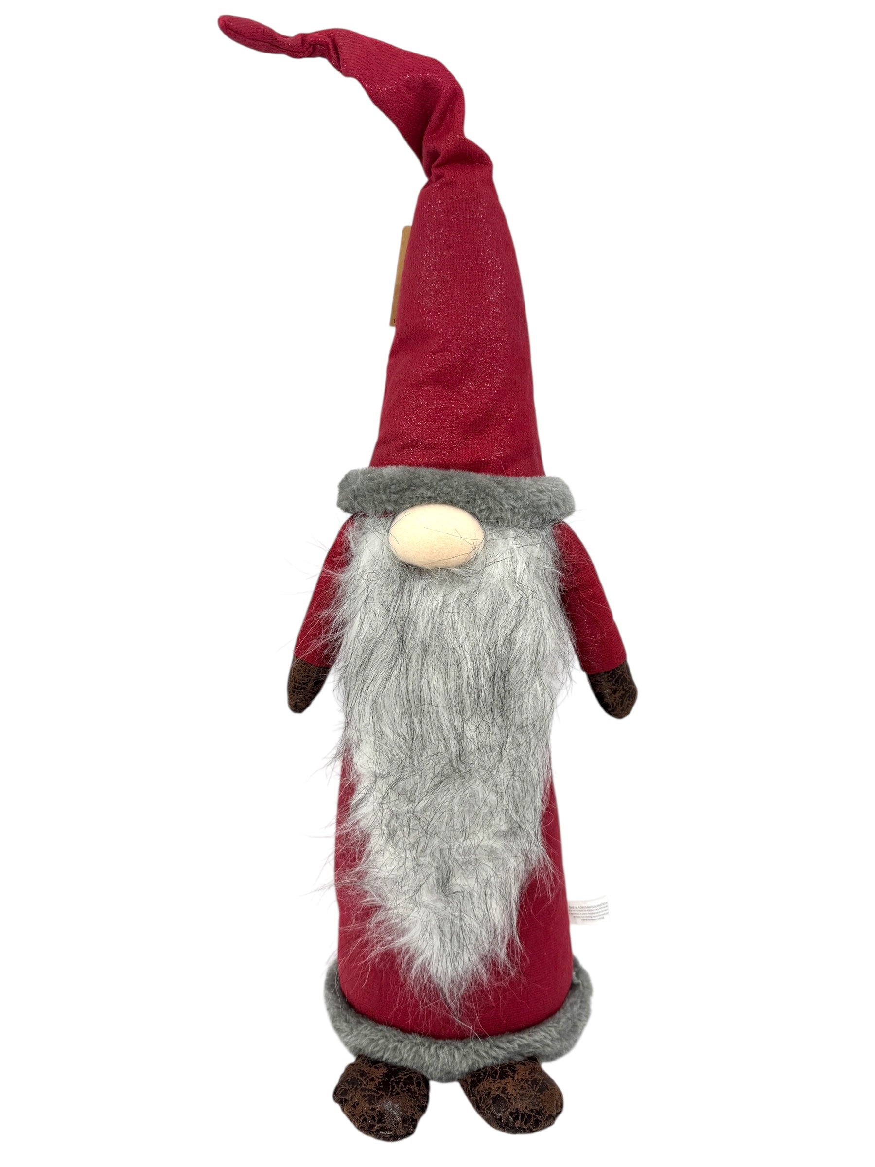 Nencil the Gnome – a 20 poseable holiday table decoration with a tall red hat, gray faux fur beard, round nose, and brown mittens and shoes—perfect for adding Scandinavian charm to your festive table.