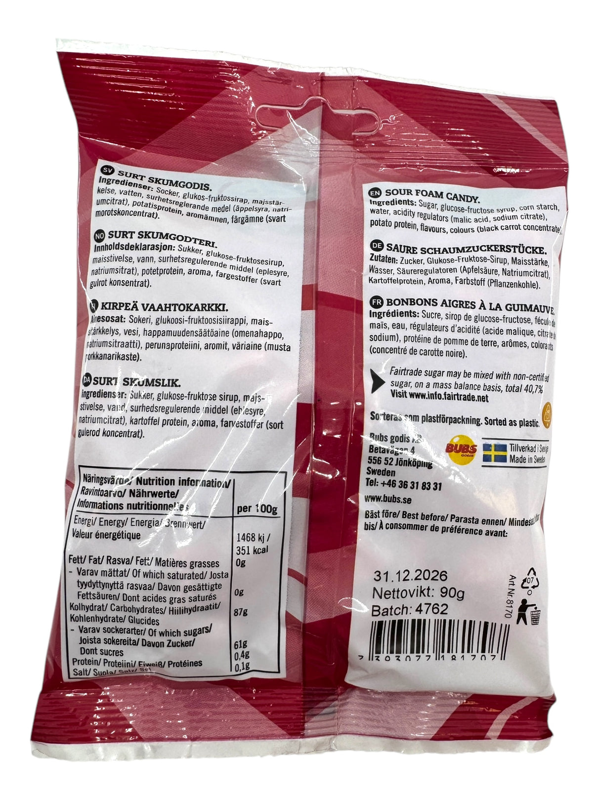 Back view of a 90g bag of Bubs Skalle - Sour Raspberry Skulls (Cool Raspberry Foam) candy displays ingredients, nutrition info, barcode, best before date, and recycling instructions in several languages.