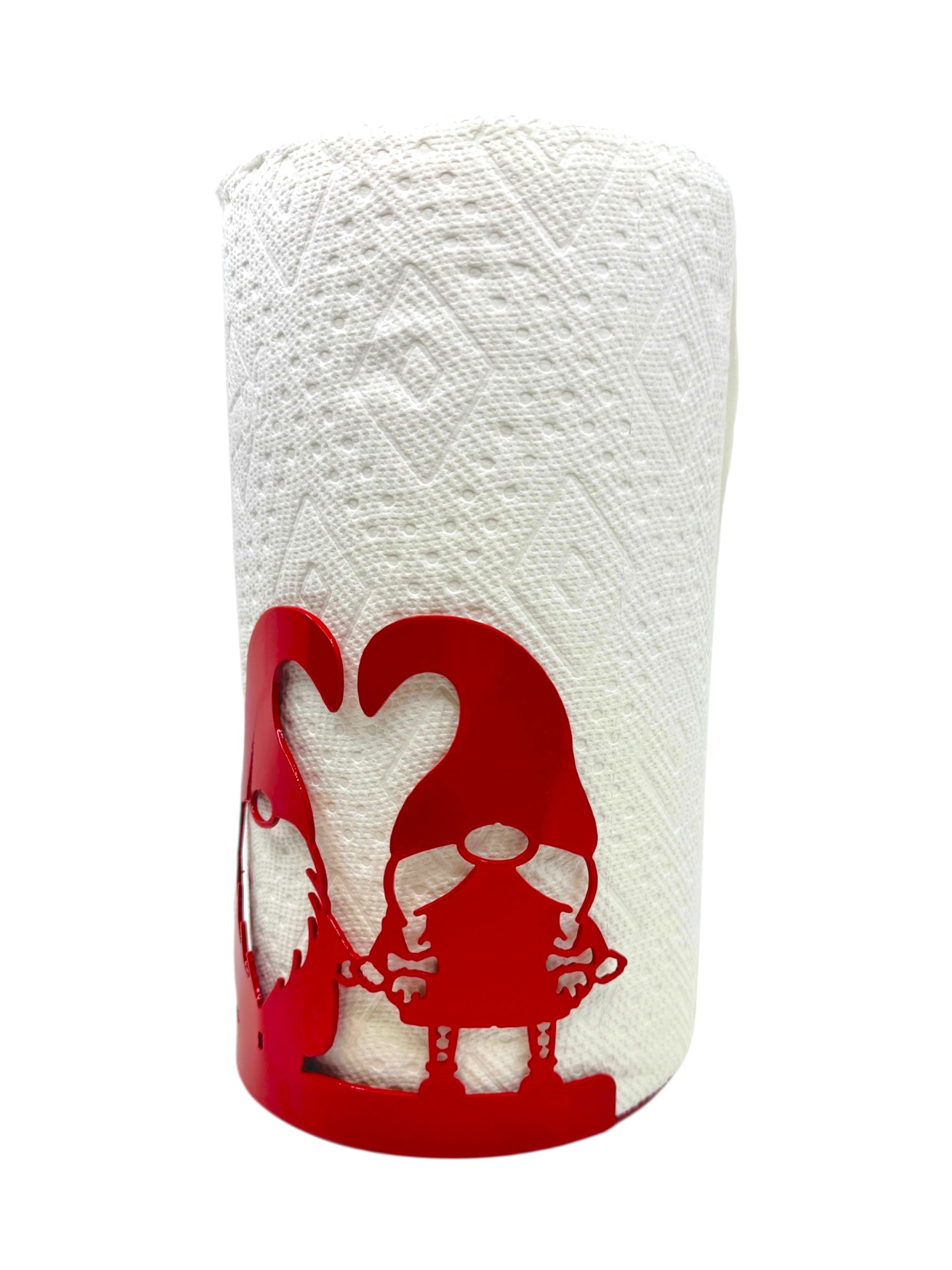 A roll of paper towels stands upright in the Red Gnome (tomte) Paper Towel Holder, which features two gnome figures.