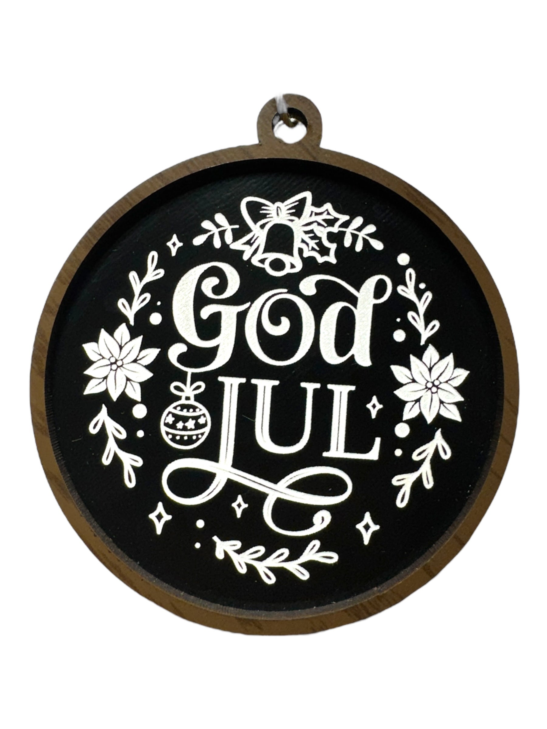 The Ornaments: God Jul Black with White Lettering & Trim brings Swedish Christmas charm to your décor, featuring white text and floral designs—perfect as a festive Merry Christmas ornament.