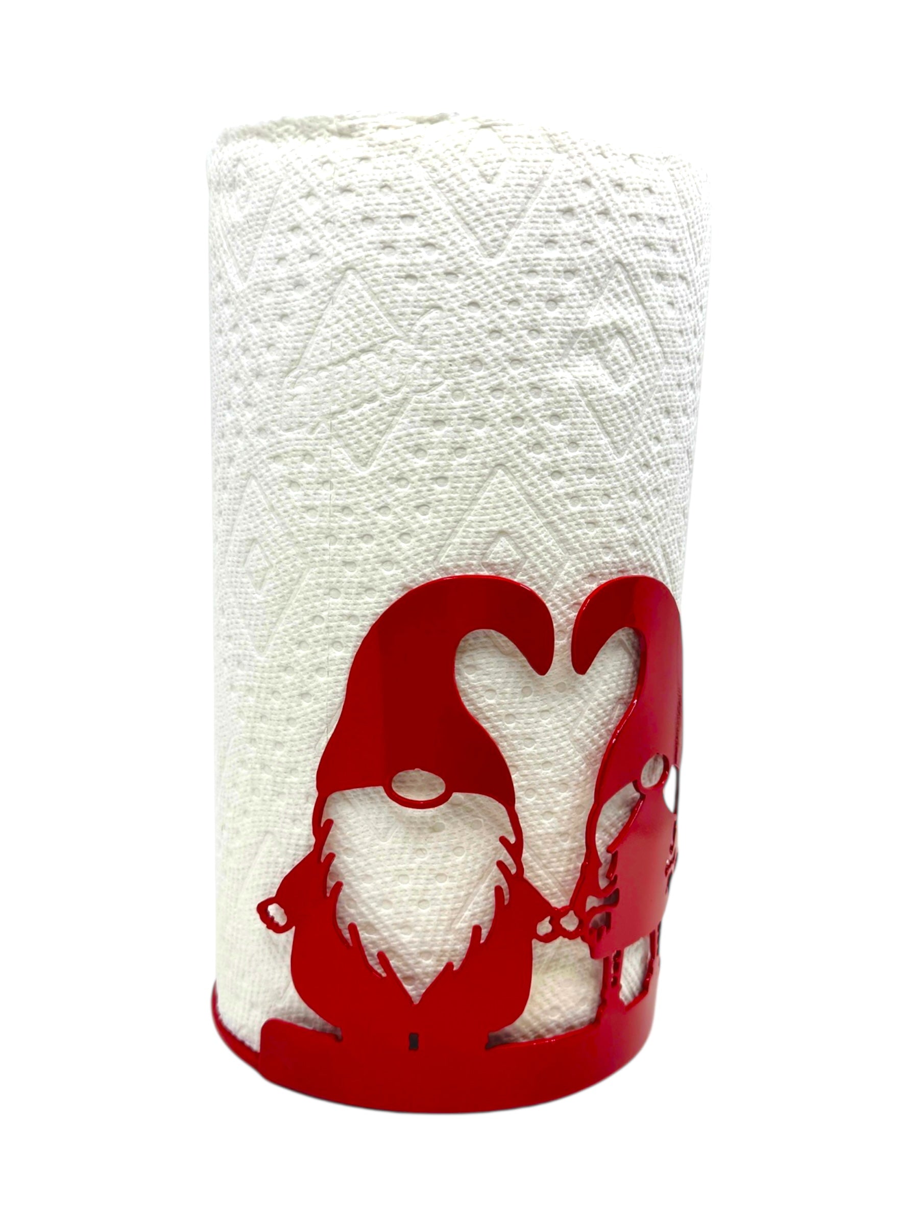 The Red Gnome (tomte) Paper Towel Holder features two gnomes inspired by Nordic folklore, holding a roll of paper towels in a red metal holder.