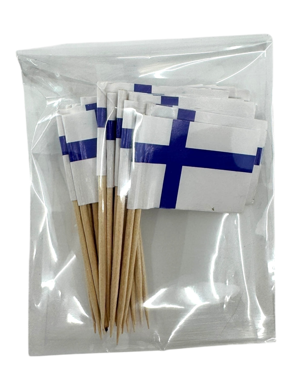A clear plastic bag contains 25 Scandinavian Flag Toothpicks (Norway, Sweden, Denmark, Finland, or Iceland)—ideal for Nordic-themed parties or celebrations.