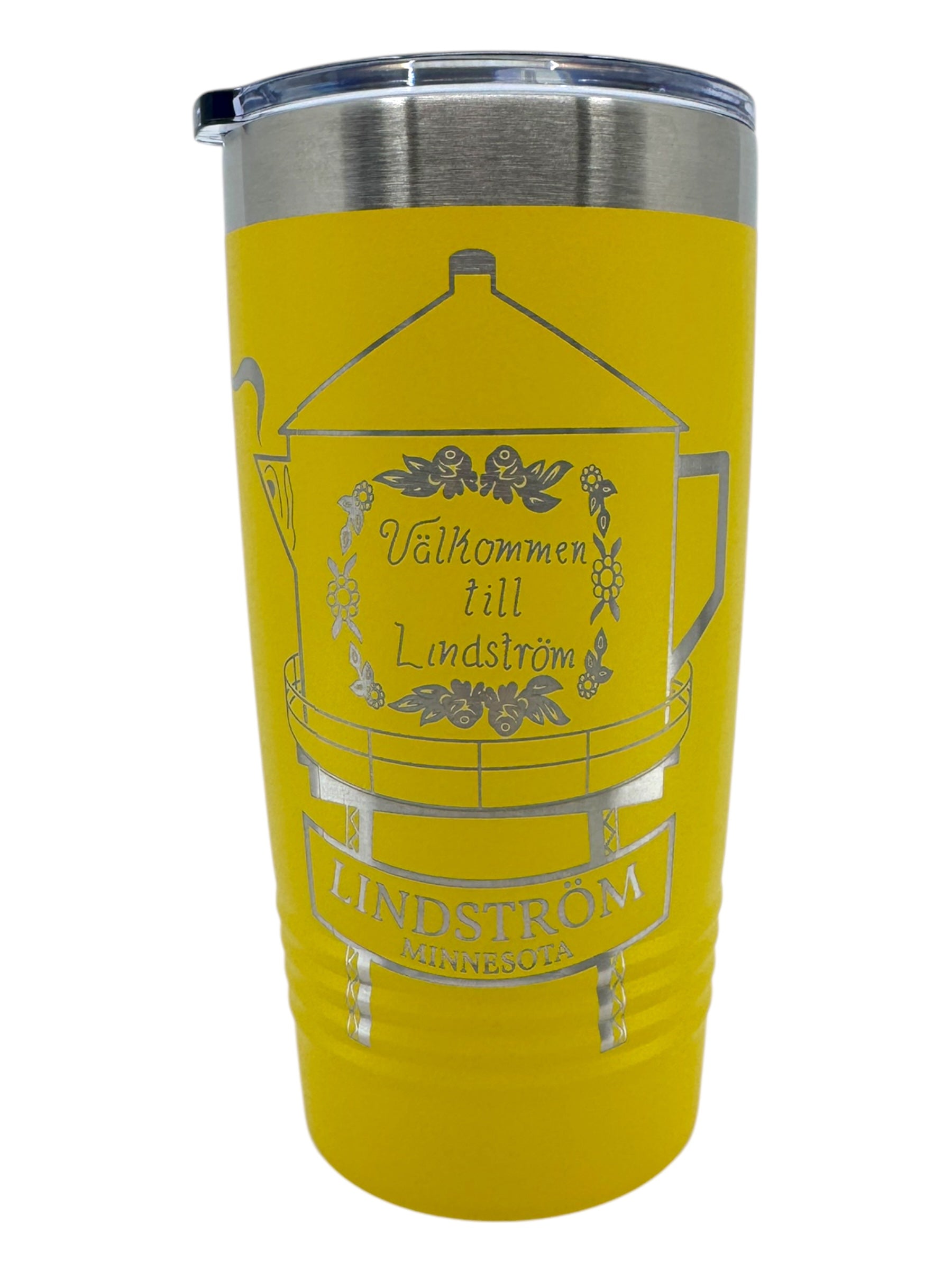 The Tumbler: Lindstrom Coffee Pot Water Tower on Yellow 20 oz Stainless Steel Polar Camel Tumbler features double-wall insulation, a slide-shut lid, a floral design, and “Välkommen till Lindström” and “Lindström Minnesota” text.