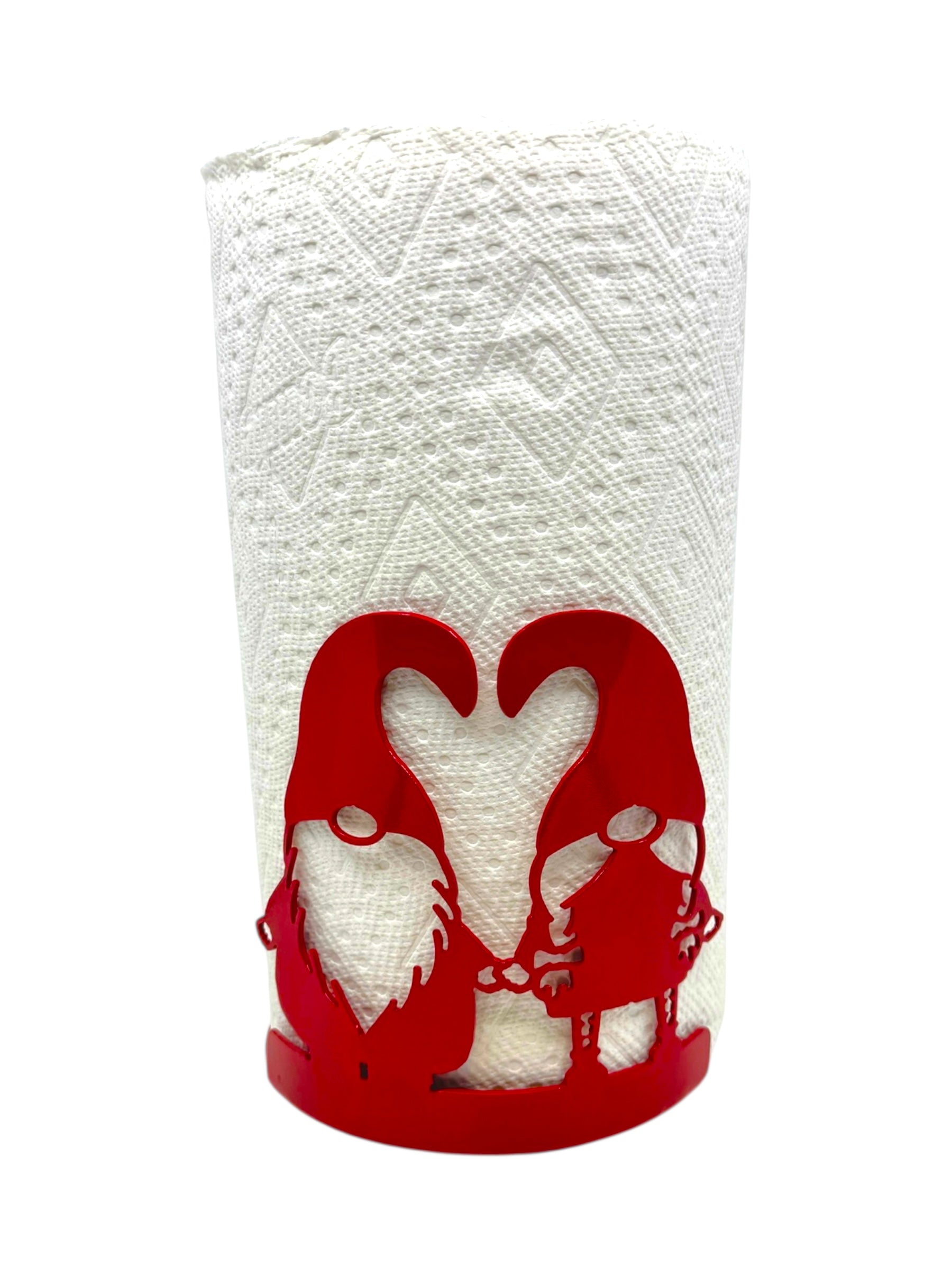 A red metal paper towel holder called Red Gnome (tomte) Paper Towel Holder 2 Gnomes holds a roll upright and features two gnome figures with hats inspired by Nordic folklore.