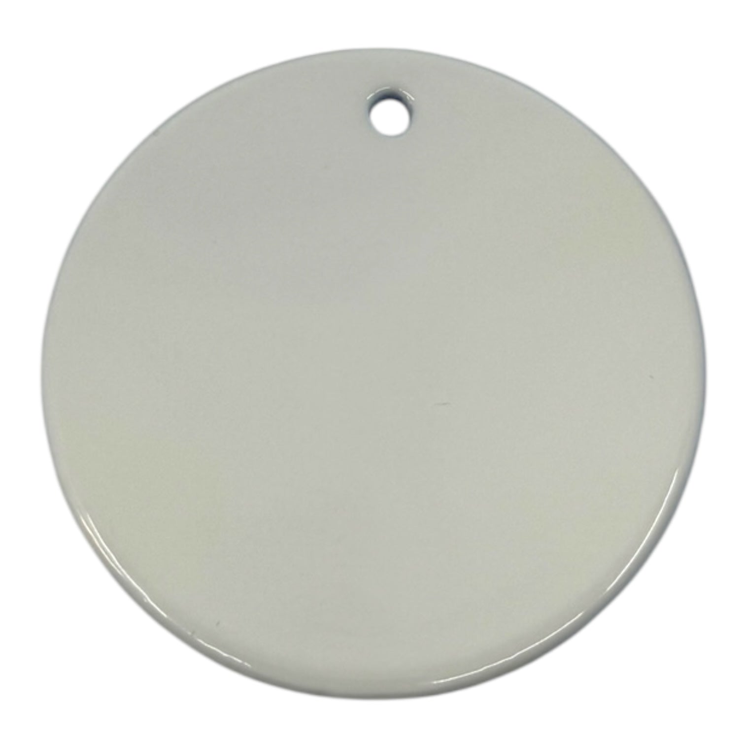 A 3" round white ceramic ornament, “Tomte on Straw Goat” by Eva Melhuish, with a small hole near the edge, minimalist and Scandinavian-inspired, shown against a white background.