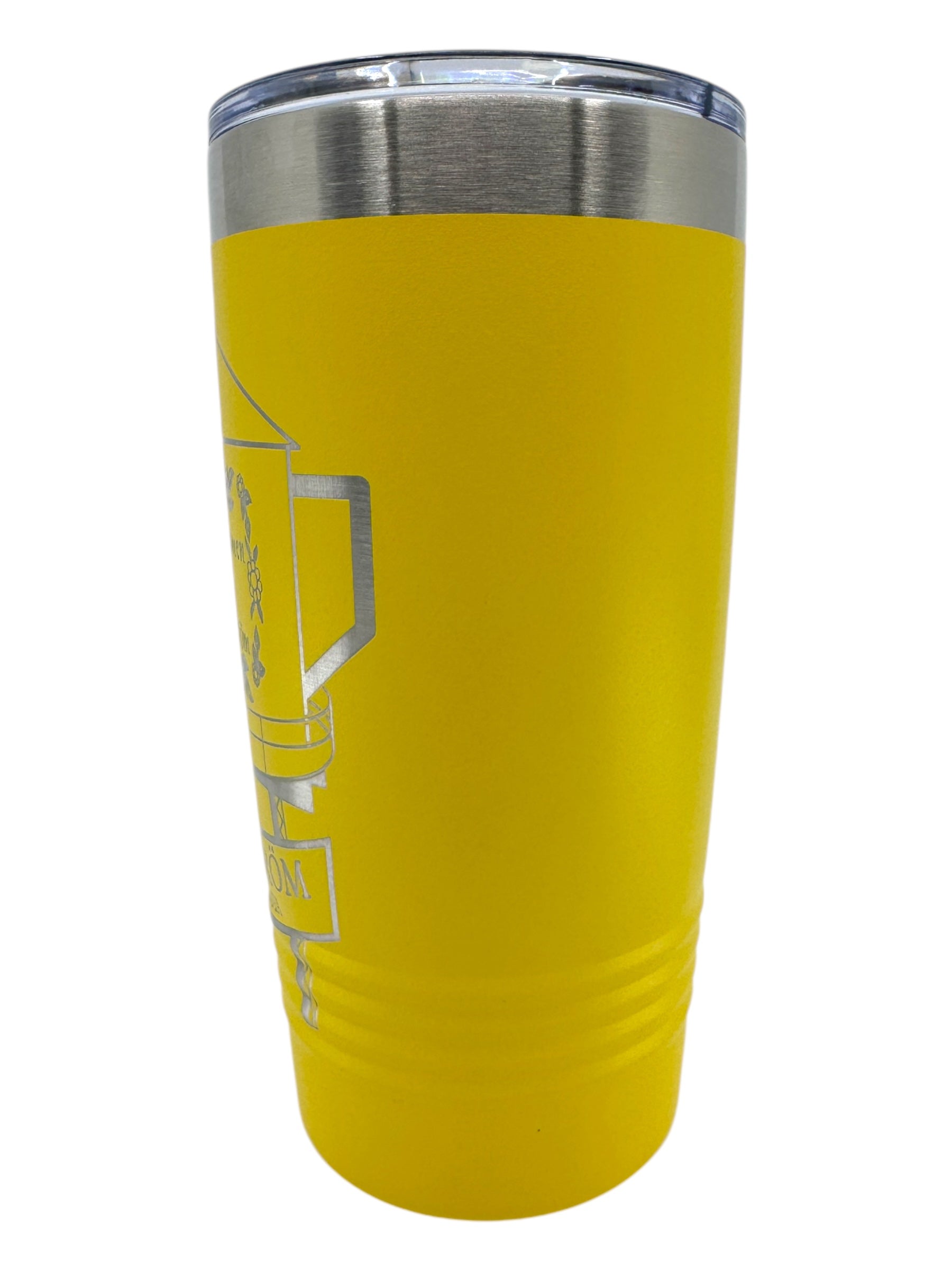 A 20 oz yellow Stainless Steel Polar Camel Tumbler, inspired by the Lindstrom Coffee Pot Water Tower, features double-wall vacuum insulation and a slide shut lid, shown against a white background.