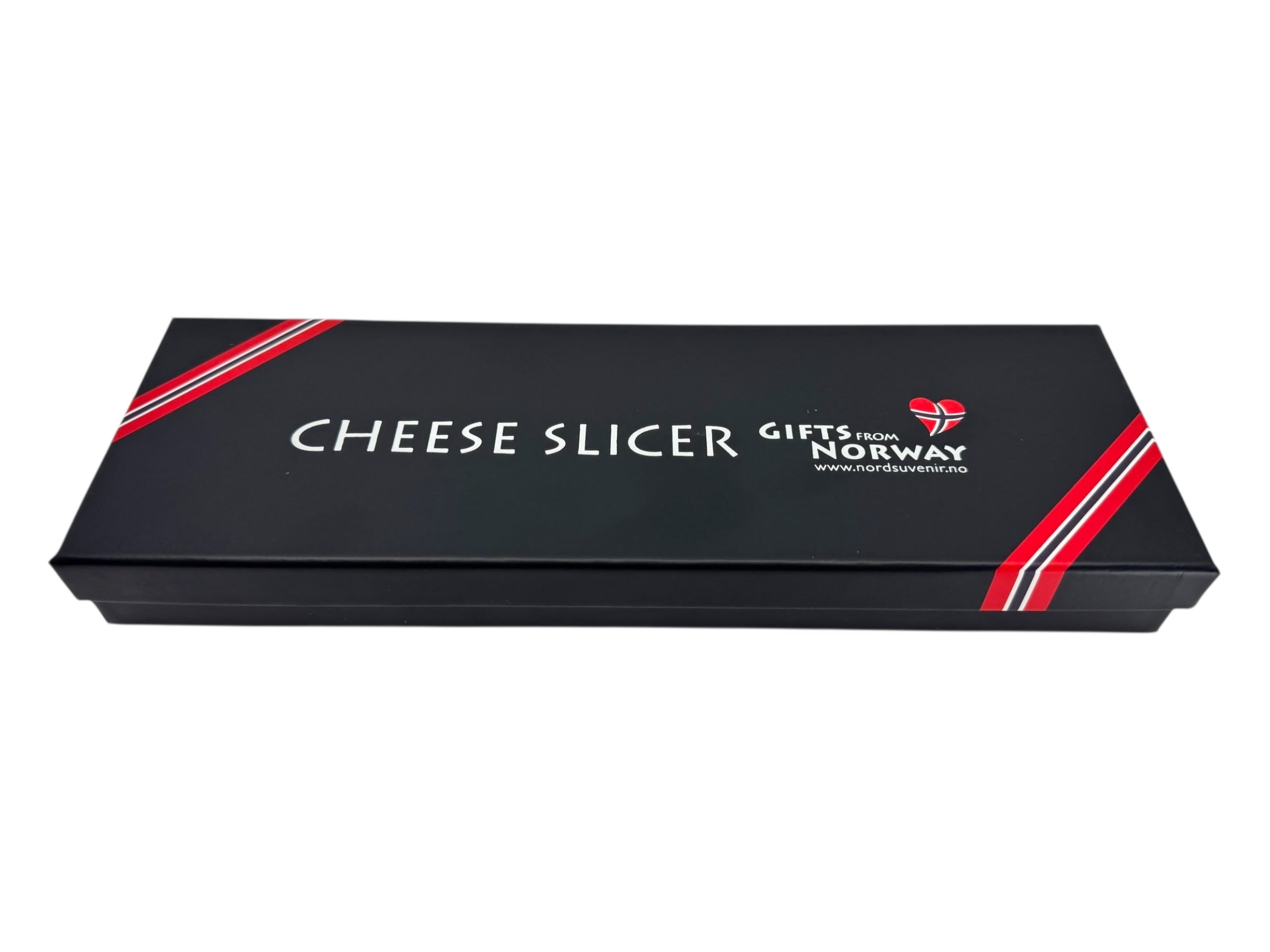 Rectangular black box with red and white diagonal stripes, labeled Cheese Slicer: Jagged Norwegian Cheese Slicer & Cutter with Viking Ship image and Moose pewter handle—a perfect tribute to Scandinavian heritage and tradition.
