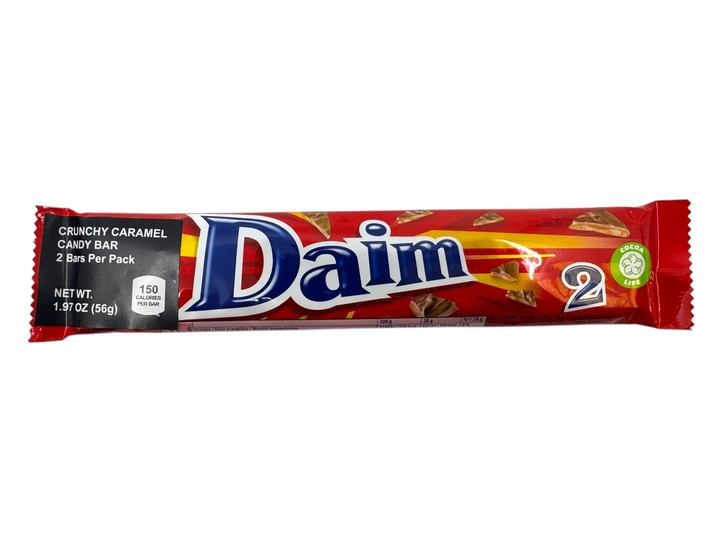 A pack of Daim Crunchy Caramel Chocolate Bars (56g, 1.97 oz) with two bars, featuring nutritional info on the left and a green Cocoa Life logo on the right.