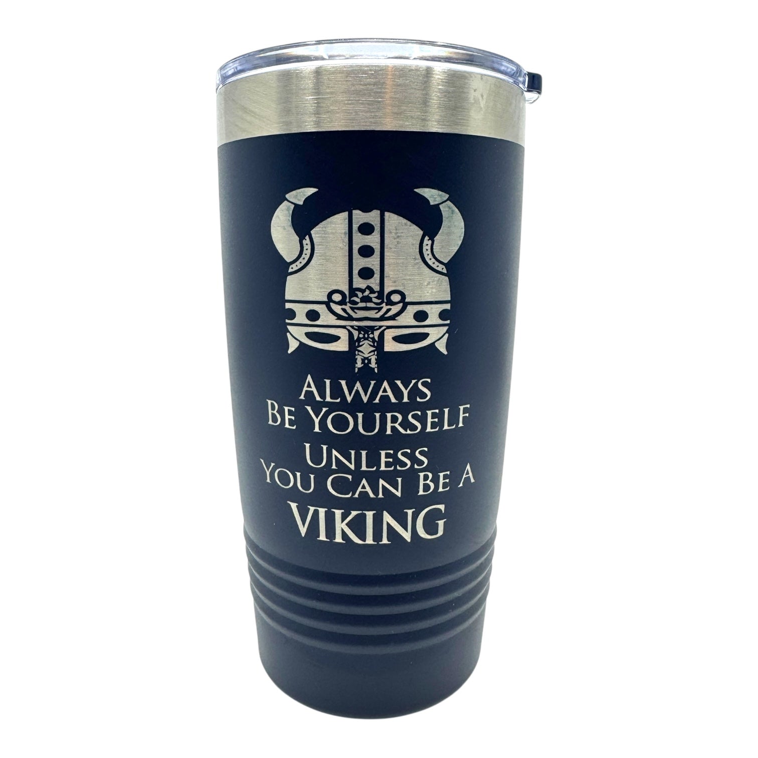 The 20 oz Stainless Steel Polar Camel Tumbler features a Viking helmet graphic and the phrase “Always be yourself unless you can be a Viking,” with double-wall insulation and a slide shut lid to keep drinks hot or cold longer.