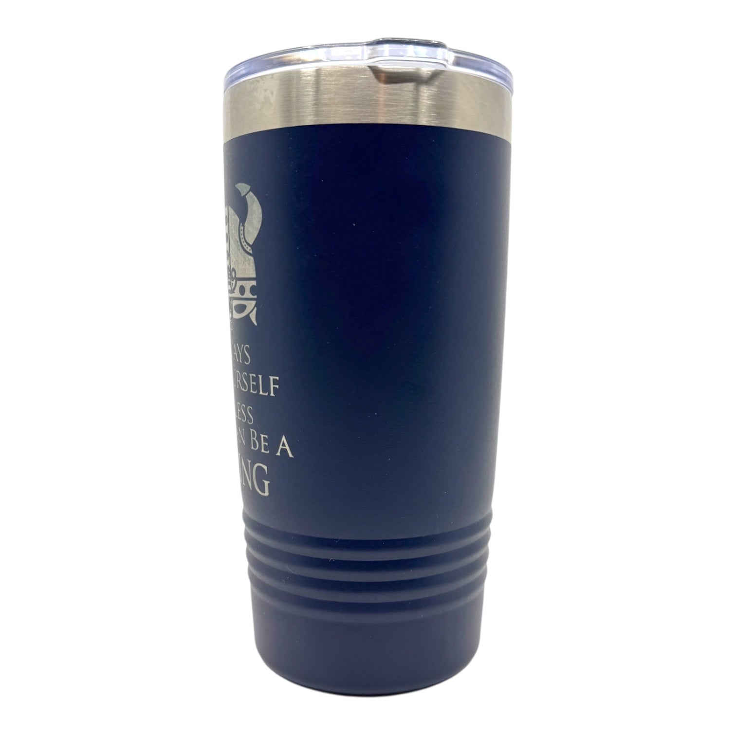 A 20 oz stainless steel Polar Camel tumbler featuring double-wall insulation, a navy blue matte finish, silver rim, clear slide-shut lid, and Always Be Yourself Unless You Can Be a Viking text.