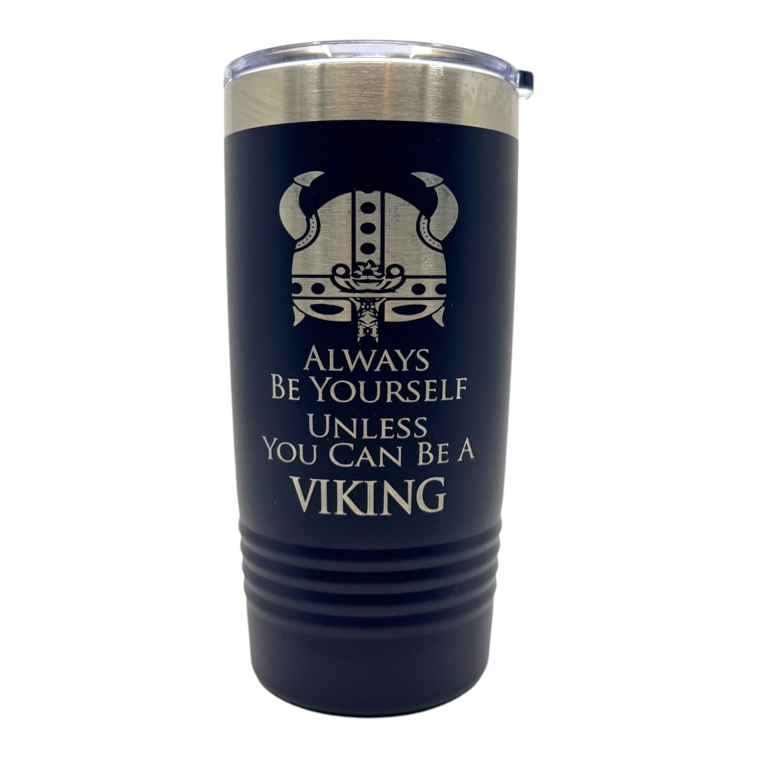 20 oz stainless steel Polar Camel tumbler with slide-shut lid, featuring a Viking helmet graphic and the phrase: Always Be Yourself Unless You Can Be a Viking.