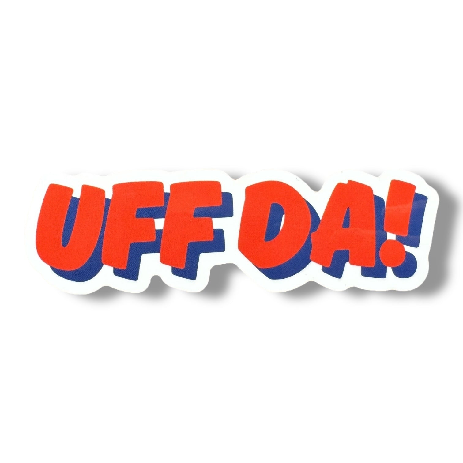 Add Scandinavian charm with the Nordic Sticker: Uff Da – Express Yourself, featuring UFF DA! in bold red with a blue shadow on a crisp white background. This glossy, UV-resistant sticker (4 x 1.08 inches) embodies Nordic humor and is perfect for adding whimsy wherever placed. Buy 3 Get 1 Free!.