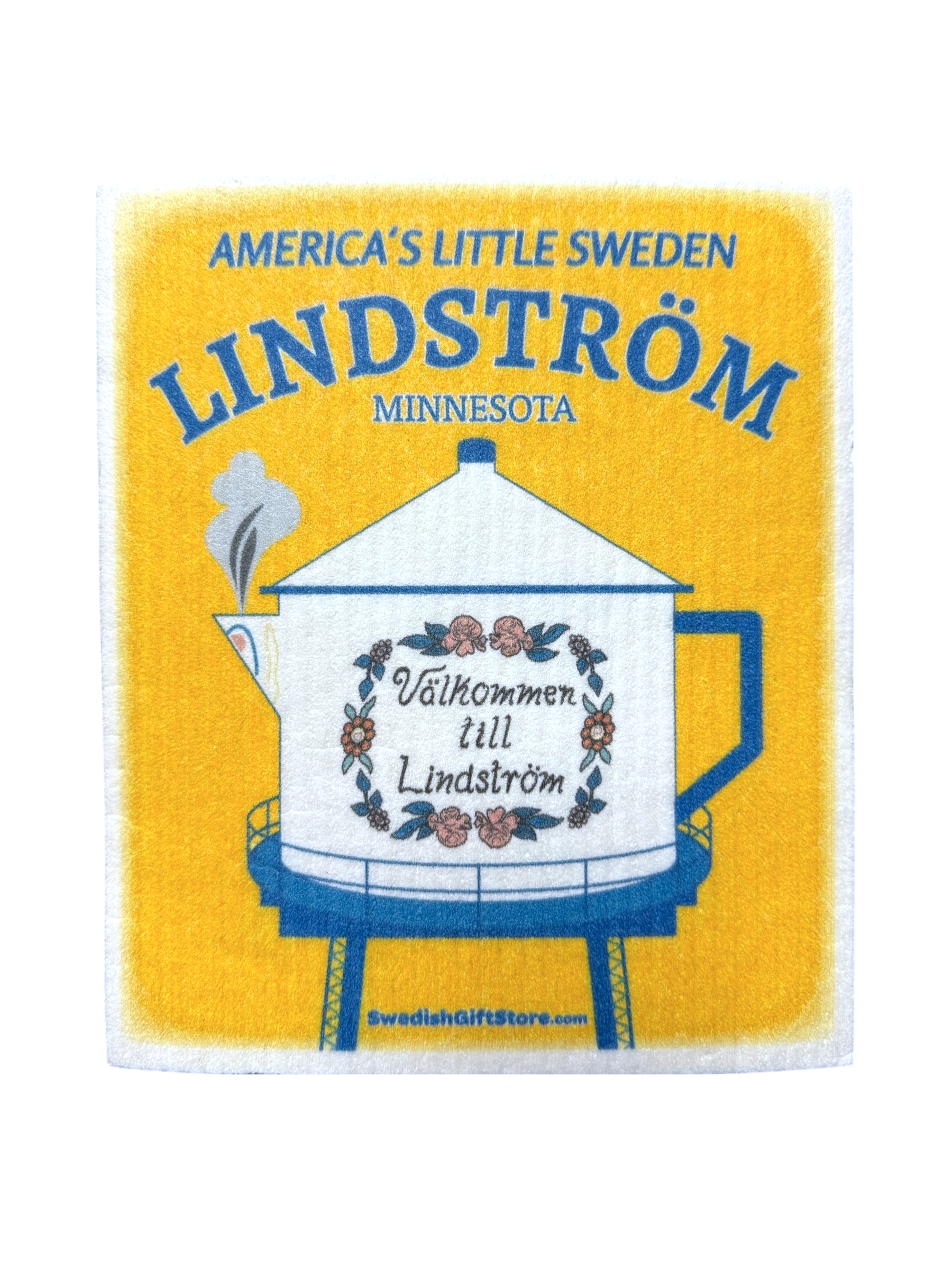 Brighten your kitchen with the Lindström Water Tower dishcloth in sunny yellow, featuring “Välkommen till Lindström” and “America’s Little Sweden, Lindström, Minnesota.” Eco-friendly and full of Swedish charm!.