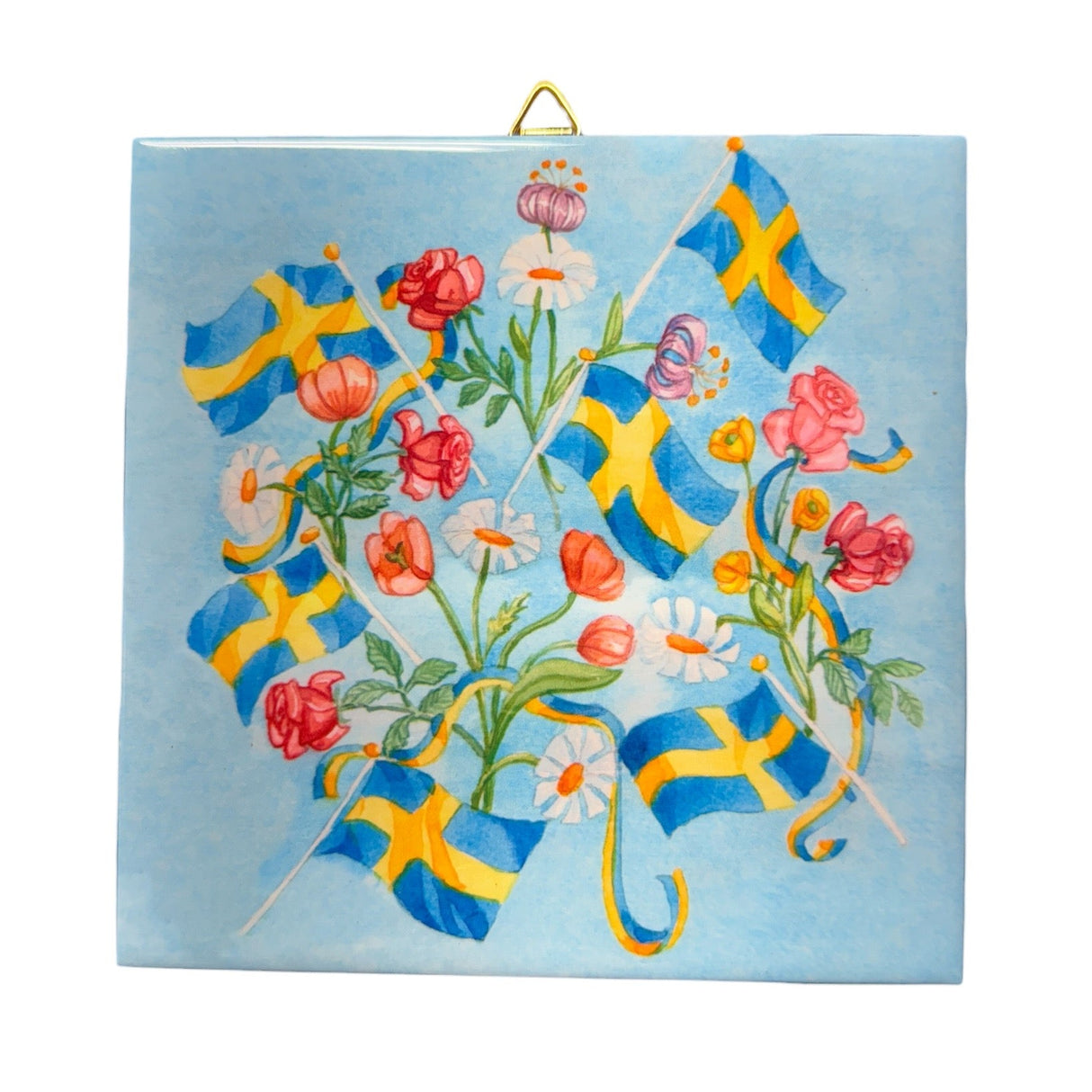 The Tile: Swedish Flags & Flowers Ceramic Tile – 6" features Swedish flags and colorful flowers on a light blue background, with cork backing and a brass hanger—ideal for Scandinavian-inspired floral decor.