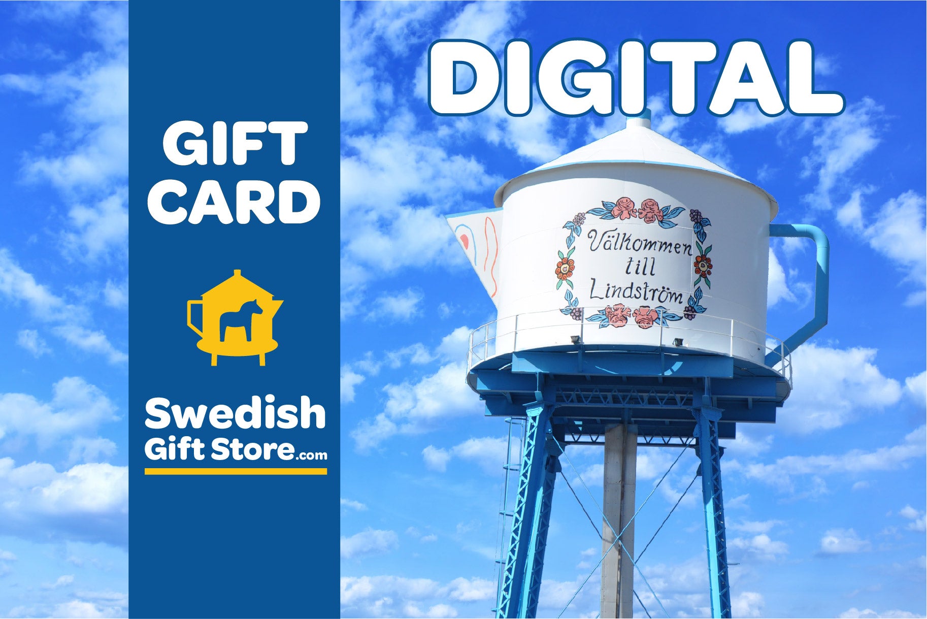 E-Gift Card for the Swedish Gift Store showcasing a water tower under a clear blue sky, ideal for smooth online shopping.