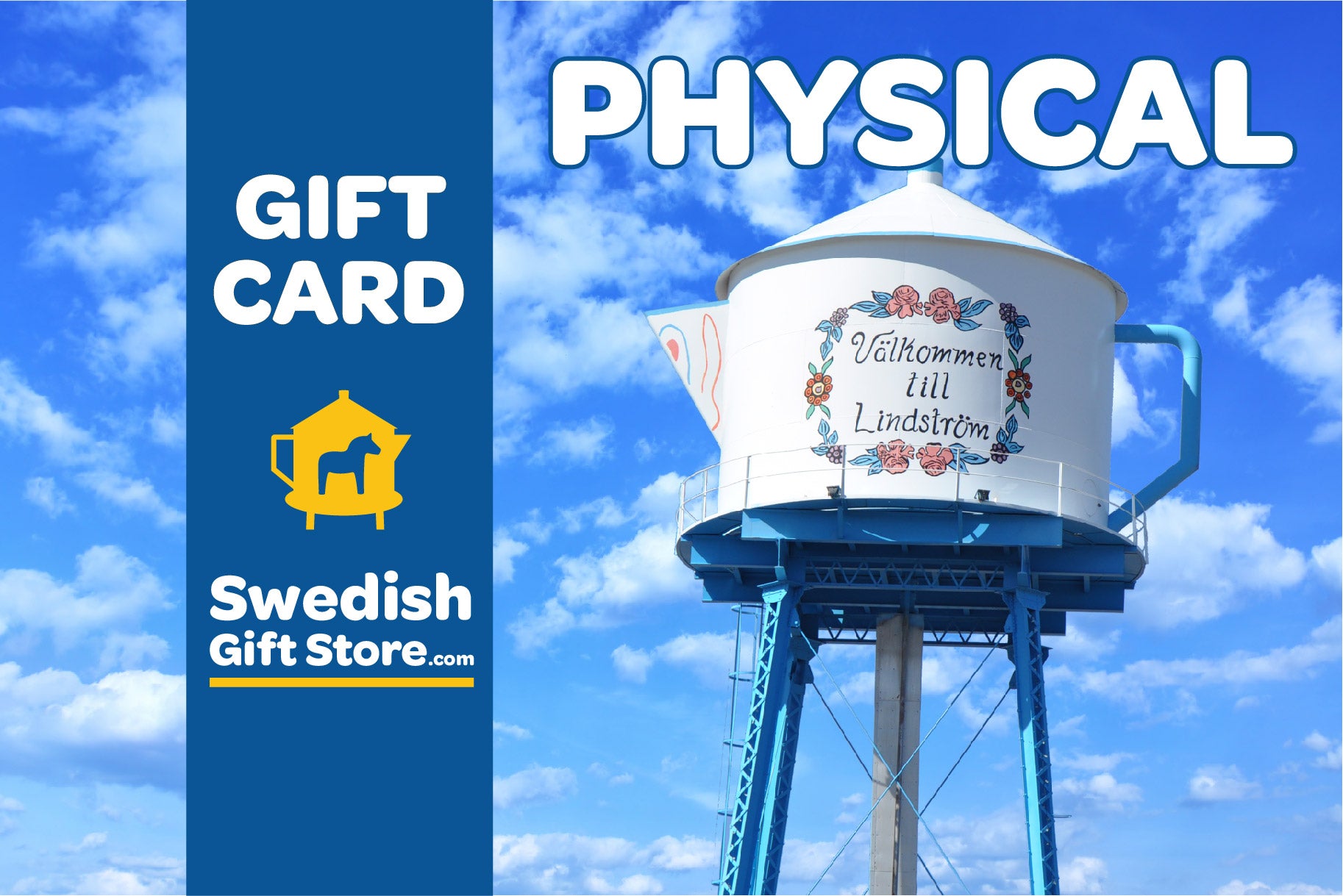 Gift card design highlighting a water tower shaped like a coffee pot, accompanied by the "Välkommen till Lindström" text. The card features a sky background and includes the Swedish Gift Store logo on the left. These Physical Gift Cards offer free shipping, making them an ideal way to spread joy to your loved ones.