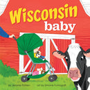Illustrated cover featuring a stroller being pushed past a cow and a red barn, capturing the charm of Wisconsin babies. The title proudly displays Book: Wisconsin Baby, hinting at this delightful board book's playful adventure.