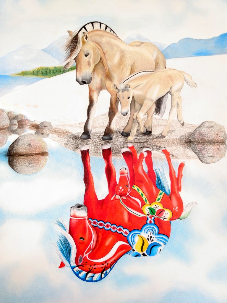 A tan Norwegian Fjord horse and foal stand by a pond, their reflection showing a vibrant red patterned horse—a whimsical scene on the Norwegian Fjord Reflection 5x7 greeting card by artist Rachael Koppendrayer.