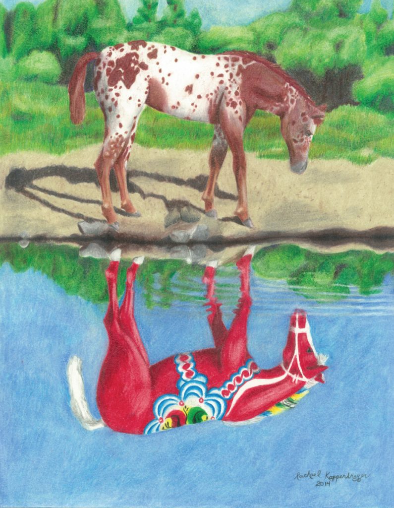 A horse stands by a riverbank, its reflection in the water beautifully captured as a red Dala horse with colorful patterns, embodying the whimsical essence of Scandinavian style in the "Dala Horse Reflection" Giclée Print 11x14.