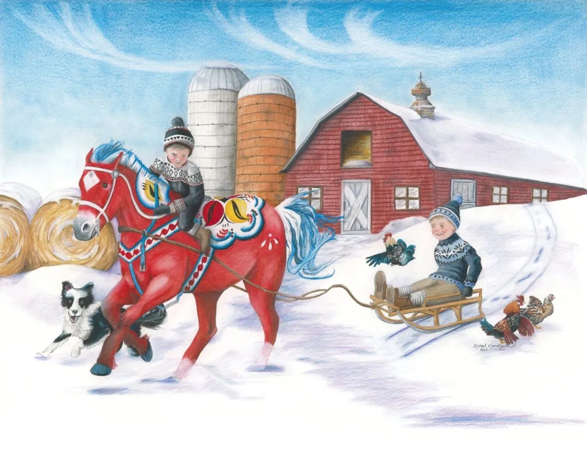 Two children in winter attire play near a barn; one sleds with two chickens, the other rides a red Dala Horse beside a dog. Dala Horse Sledding Giclée Print 11x14 by Rachael Koppendrayer.
