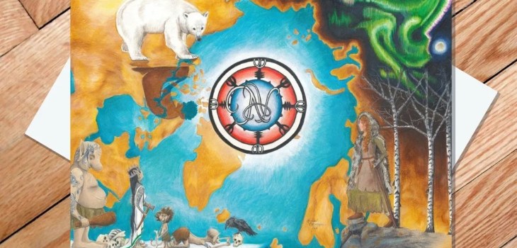 Card: "East of Sun West of Moon" 5x7 by Rachael Koppendrayer—an illustrated map on wood featuring a polar bear, indigenous figures, animals, northern lights, and a central emblem.