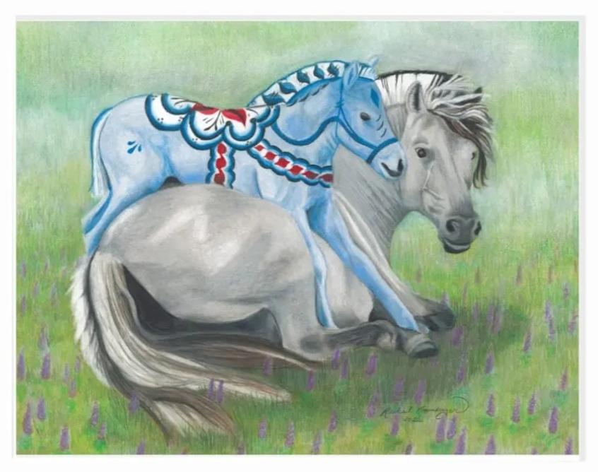 The piece features two horses on grass, including one beautifully adorned in blue with red and white patterns, resting its head on the other, reminiscent of a regal Norwegian Fjord Horse with its signature gray mane. This scene is captured in the "Dala Horse Fjord Foal" Giclée Print 11x14.