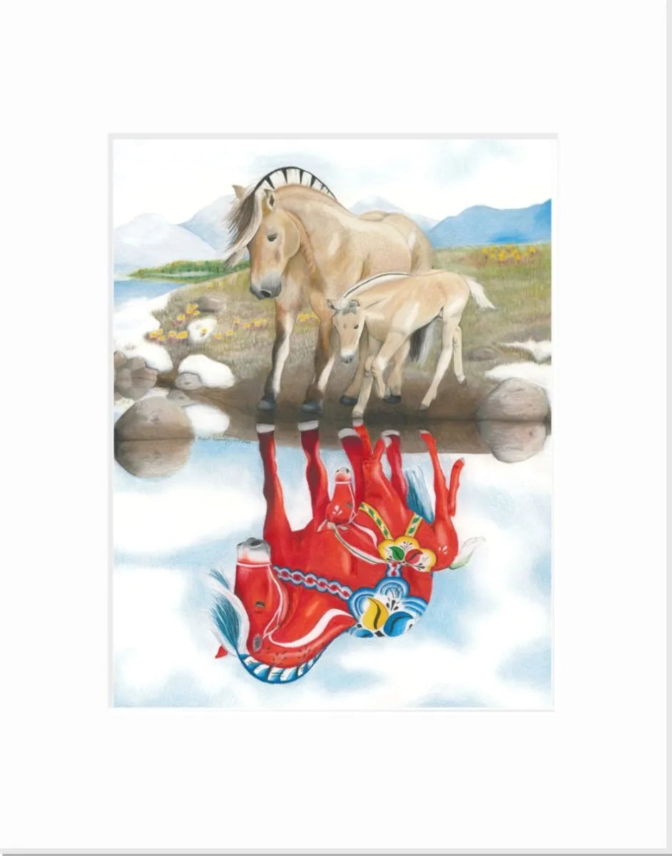 The Norwegian Fjord Reflection Giclée Print (11x14) by Rachael Koppendrayer features a mare and foal by a pond, their reflections transformed into two red, stylized horses with decorative harnesses.