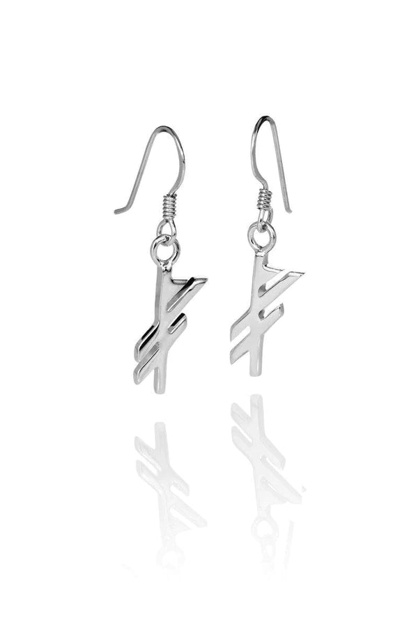 Earrings: Sterling Rune Earring - Luck, featuring abstract geometric pendants in a dangle style, beautifully crafted to highlight the elegance of Nordic Bindrune Tradition within Sterling Silver Jewelry, showcased against a white background.