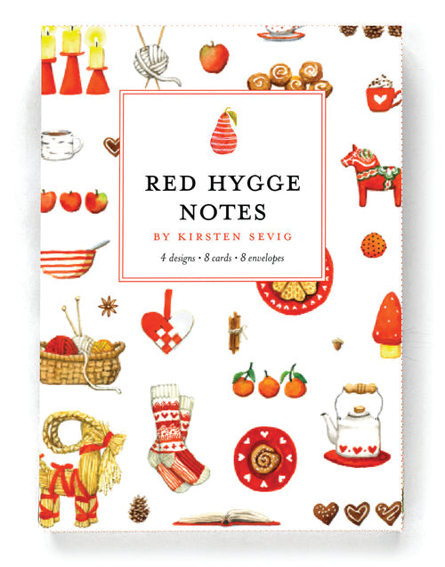 Discover our vibrant Card Pack: Red Hygge Notecards, created using recycled paper. This set showcases Scandinavian-inspired designs, such as apples, knitting, and a dala horse. It includes 4 unique illustrations by a Minnesota-based artist—comprising 8 cards and envelopes to share.