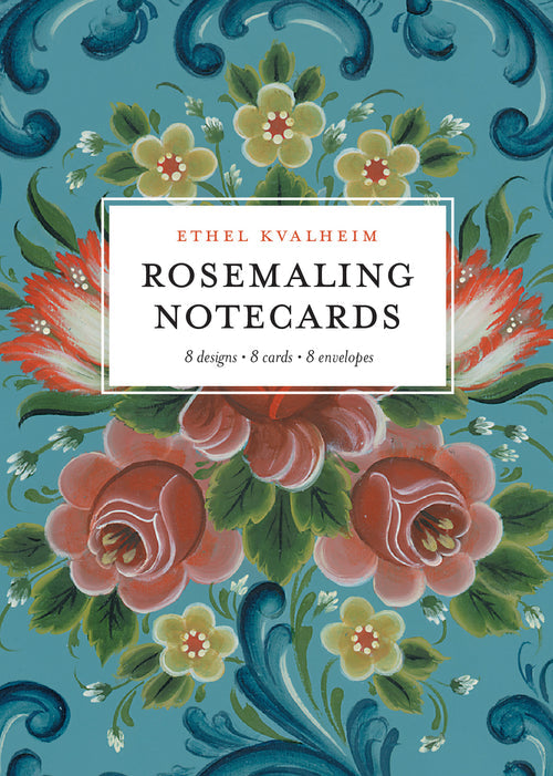 A notecard set with a blue cover featuring Norwegian rosemaling and the text: Cards: Rosemaling Notecards by Ethel Kvalheim – 8 Designs, 8 Cards, 8 Envelopes, Blank Inside.