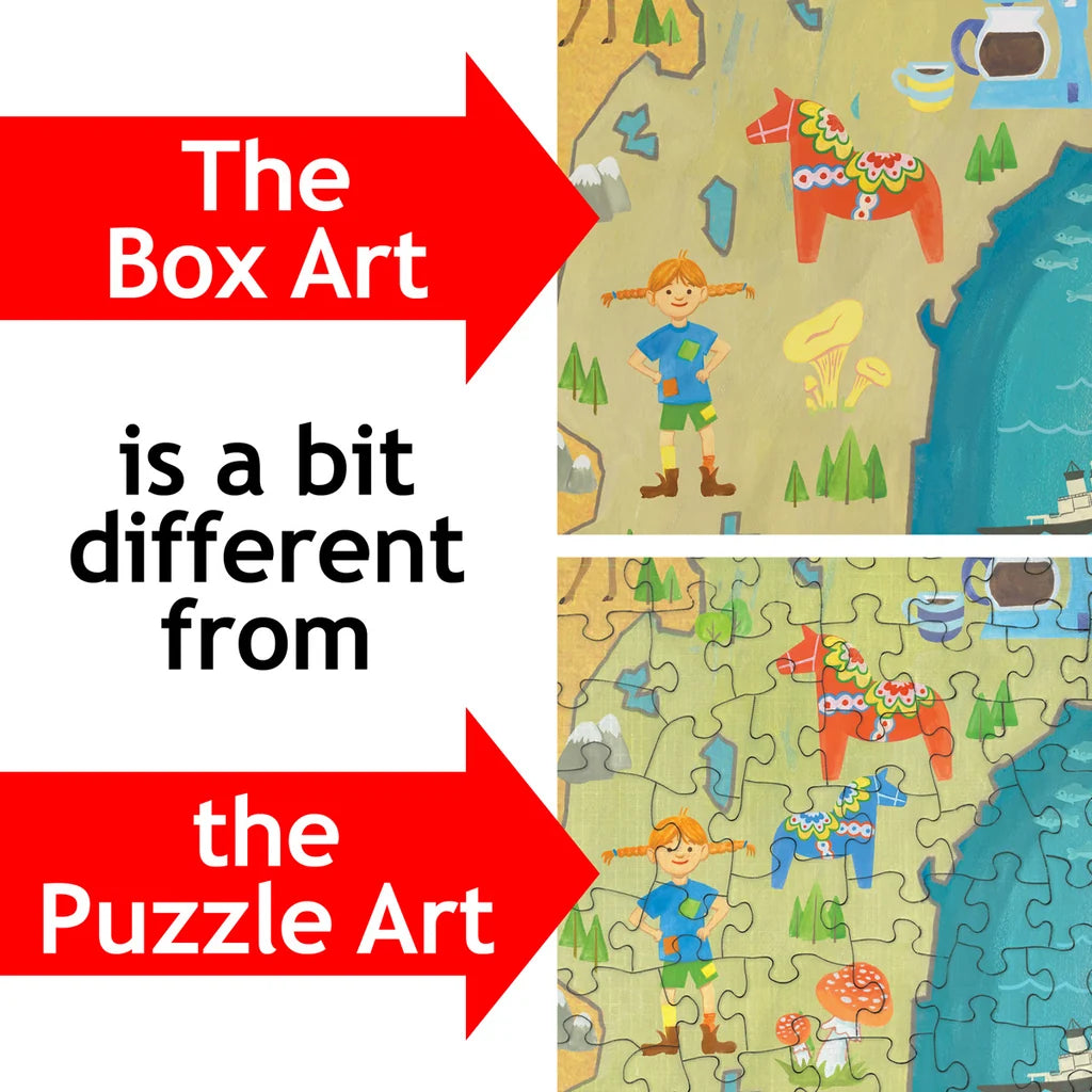 Side-by-side view of a 500 piece jigsaw puzzle box and completed puzzle, both showing artwork with a girl, a horse, and various objects in Mirka Hokkanen’s style.