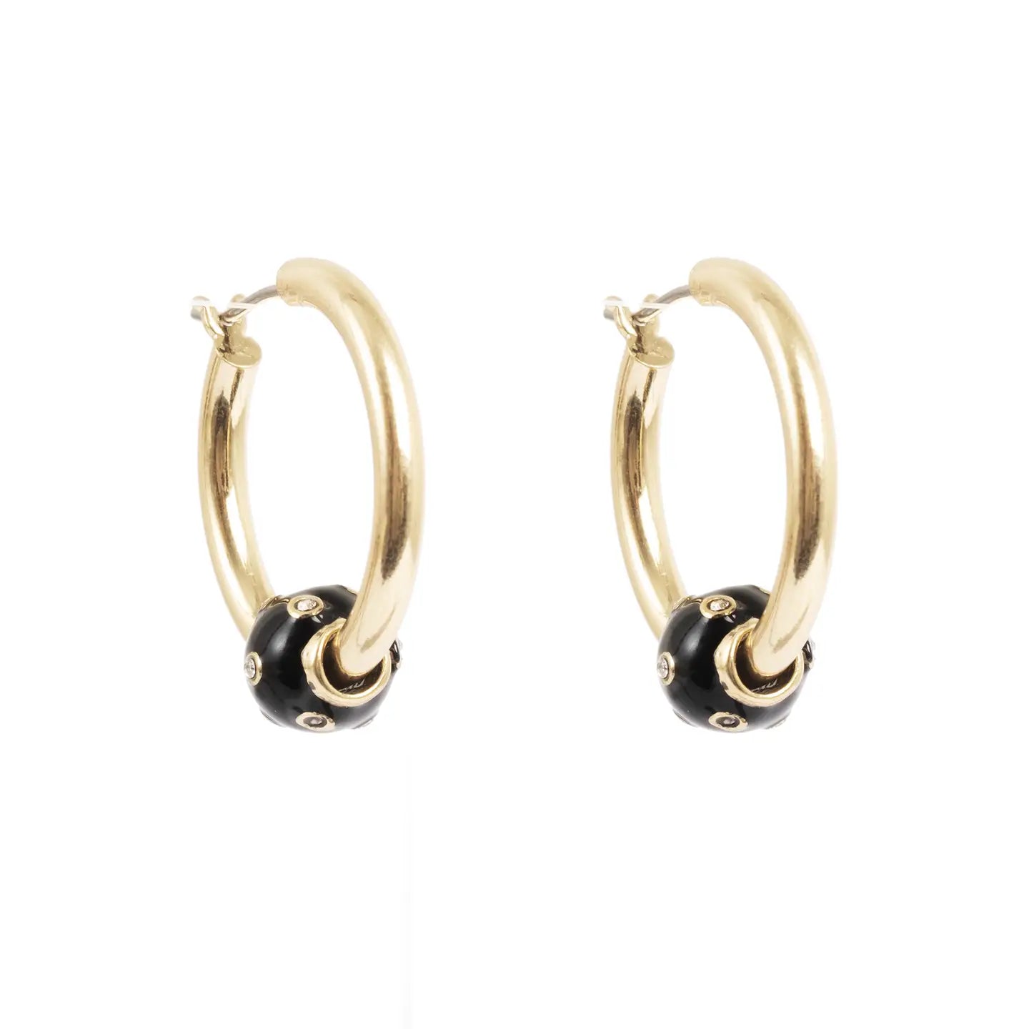 Earrings: Gold Hoops with Black Ball Earrings by A&C Oslo—gold hoops accented with black beads, small silver details, and subtle sparkling crystals.