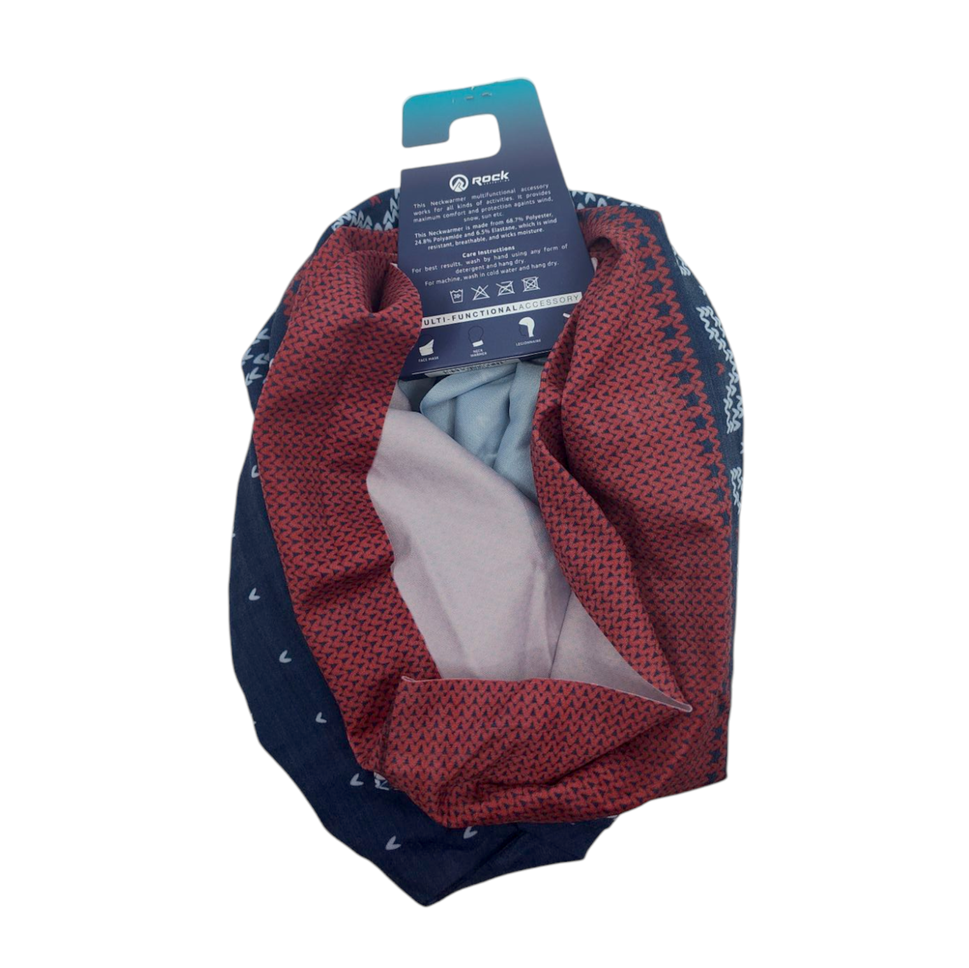 Assorted folded fabric items, including the Neck Warmer: Marius Design Neck Warmer / Head Wear (Navy & Red), featuring product tags and various red and blue patterns. This accessory also functions as a stylish wind-resistant neck warmer.