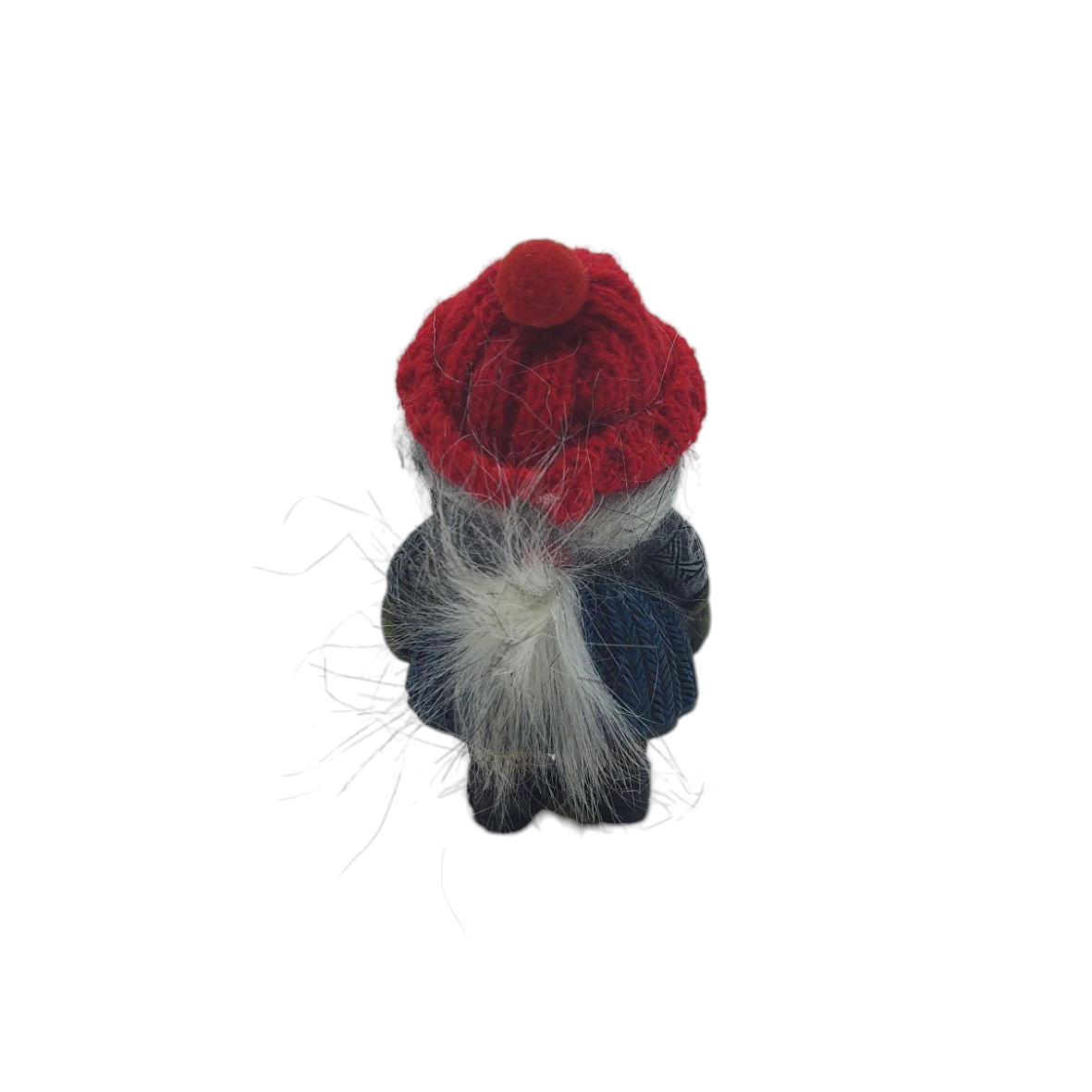 This charming Scandinavian figurine, Nisse Wife with a Knit Hat and a Rolling Pin, features a red knit hat and white beard, depicted from behind against a pristine white background.