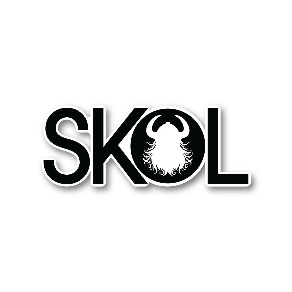 The image features SKOL in bold black letters, with the O as a white Viking helmet and stylized beard, embodying Viking spirit. Set against a white backdrop, it resembles the Nordic Sticker: SKOL – Viking Head (4 x 1.55 Inches), which is glossy, UV & water-resistant, dishwasher safe, and easy to peel.