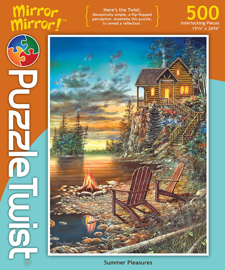 The PuzzleTwist: Summer Pleasures (500 Pieces) by Jim Hansel features a lakeside cabin, campfire, and two wooden chairs—offering a unique puzzle adventure from PuzzleTwist’s Mirror Mirror series.