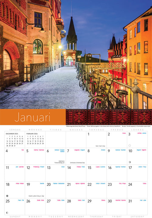 January page from the Splendor of Sweden Calendar 2026, featuring a cityscape photo with colorful buildings and bicycles at dusk; Swedish holidays and dates marked below the image.