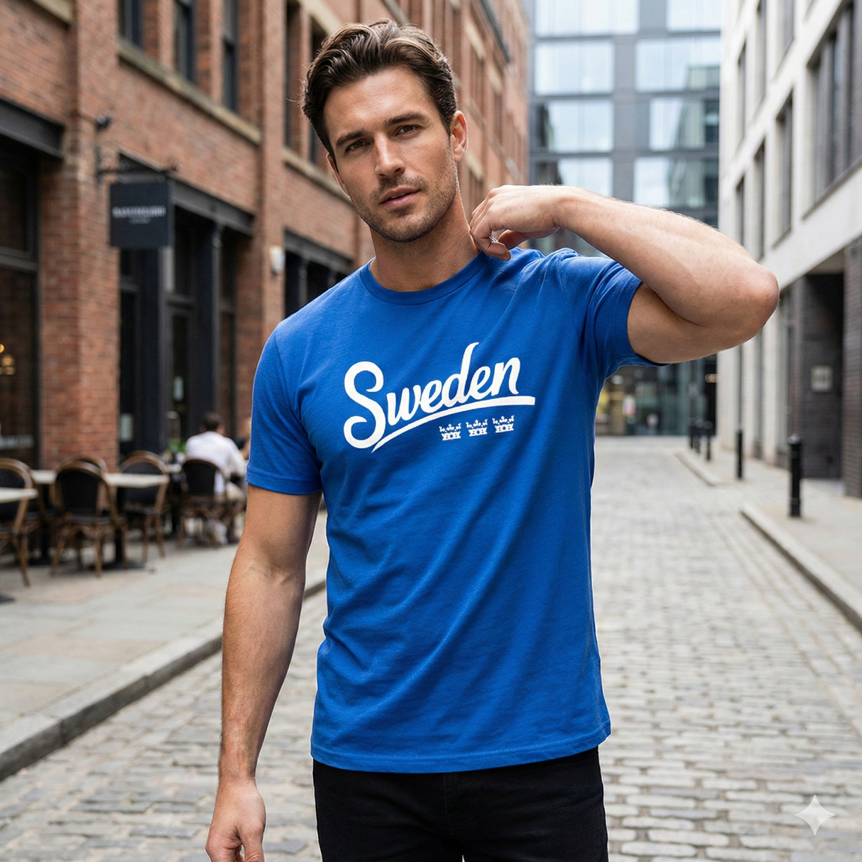 Man wearing a blue t-shirt with 'Sweden' printed on it, standing on a city street.