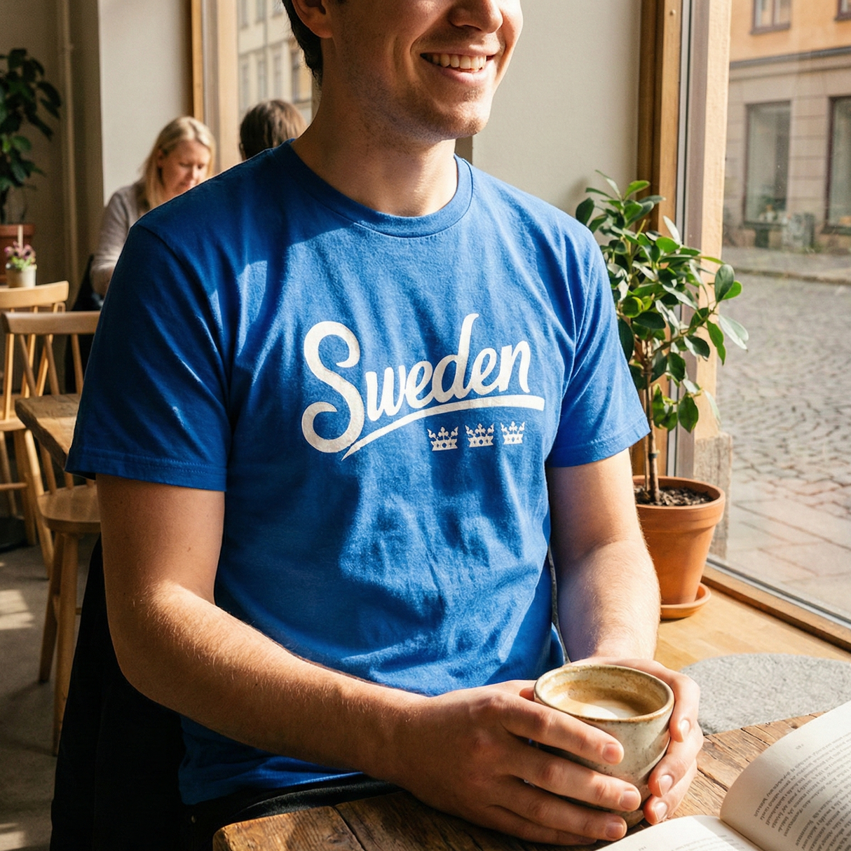 Person wearing a blue 'Sweden' t-shirt holding a cup of coffee in a cafe.
