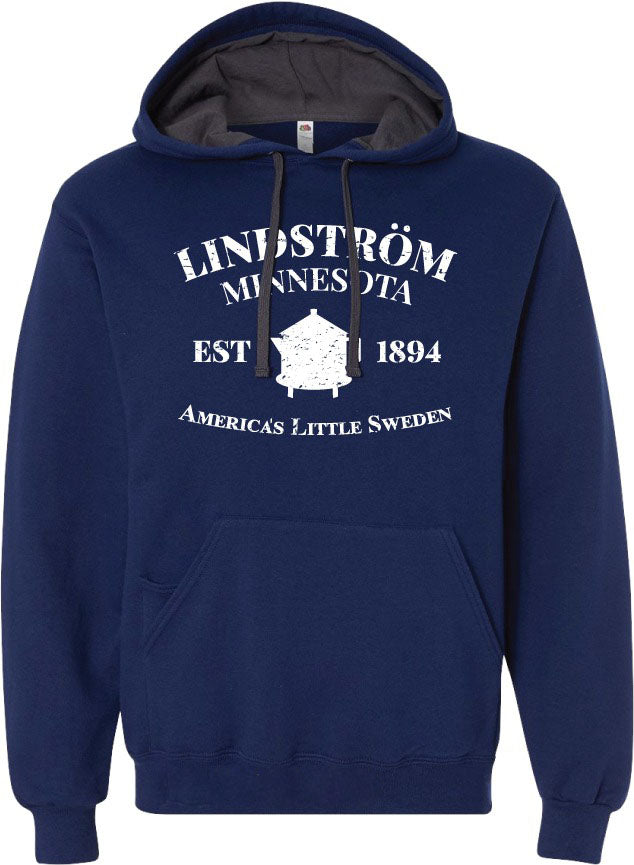 The Hoodie: Lindström Hoodie – Admiral Blue (Unisex) showcases white text, "Lindström Minnesota Est. 1894 America's Little Sweden," and a central Dala horse image, blending comfort with stylish hometown pride.