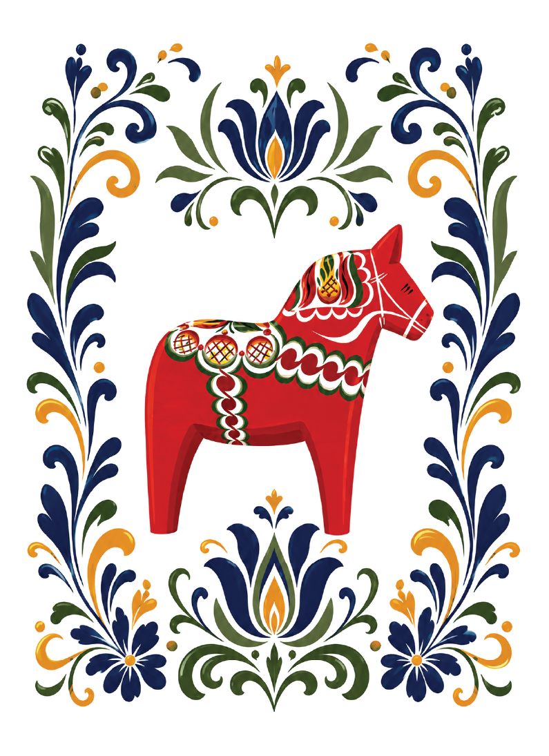 Red Swedish Dala horse with floral patterns, surrounded by blue, green, and gold Scandinavian folk art designs.
