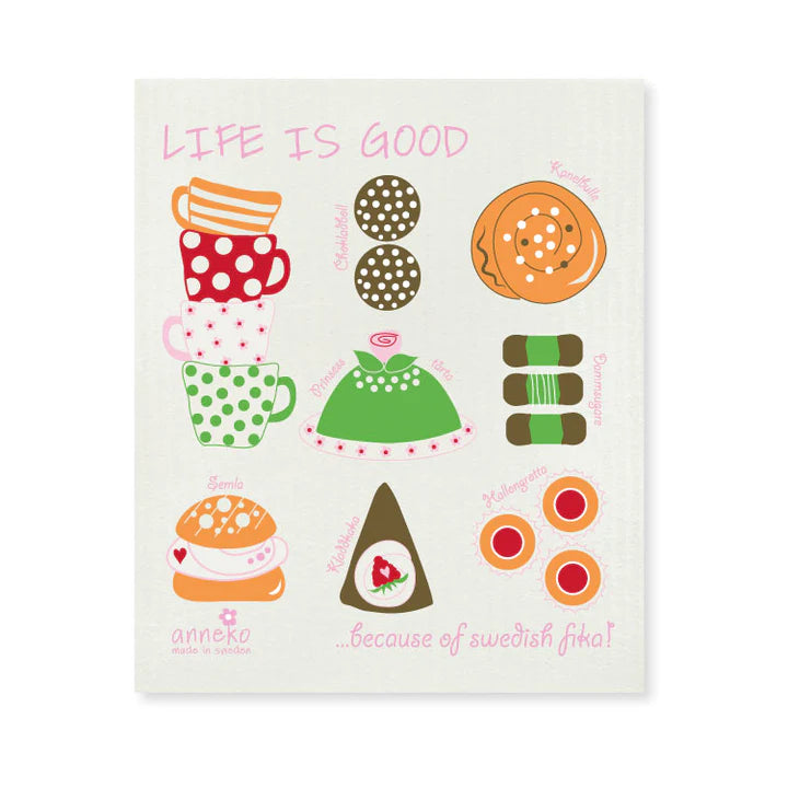 Vibrant illustration of Swedish fika delights—cakes, cookies, and pastries—paired with eco-conscious dishcloths featuring lively patterns. The top displays the text FEEL GOOD FIKA and the bottom reads ...because of Swedish fika!