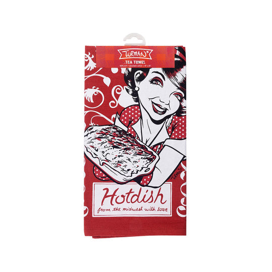 Red tea towel by Adam Turman showcases a retro illustration of a woman holding a casserole with the text Hotdish from the Midwest with Love.