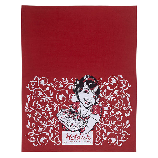 The Hotdish from the Midwest with Love Tea Towel by Adam Turman features a vibrant red design with a vintage illustration of a smiling woman holding a dish. It boasts decorative white floral patterns and the word Hotdish, perfect for enhancing your kitchen decor.