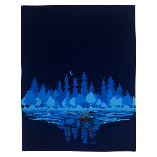 This illustration evokes a serene "Minnesota Midnight" with a crescent moon hanging over tranquil trees and a duck gliding on the lake. The blue and black palette mirrors Adam Turman's signature style, reminiscent of his acclaimed "Tea Towel: Midnight Loon.