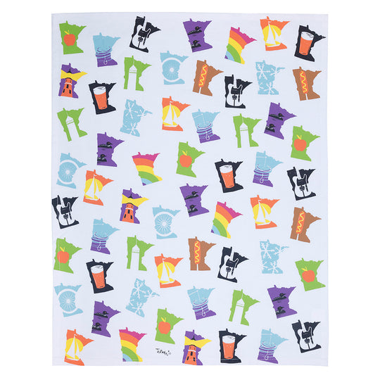 The Minnesota Months Tea Towel by Adam Turman features a crisp white background with colorful state outlines filled with symbols such as coffee cups, rainbows, and landmarks, blending style and regional charm.