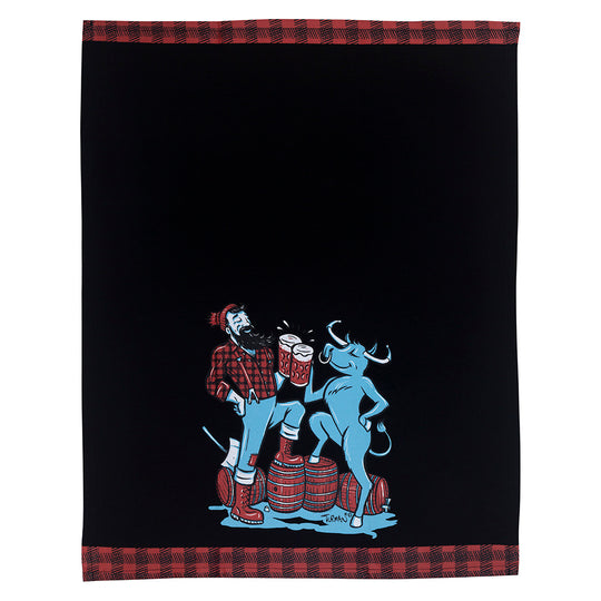 Paul & Babe Cheers! Tea Towel by Adam Turman features an illustration of a man and a bull with drinks on barrels, set against a black background with red plaid borders, evoking Paul Bunyans legendary tales.