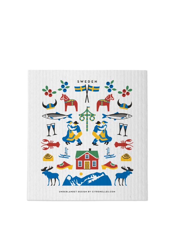 The Dish Cloth: Sweden Traditions features colorful illustrations of Swedish symbols—horses, fish, flowers, a house, and people in folk attire. With the text Sweden, it highlights eco-friendly, super absorbent Swedish Dish Cloths as essential items.