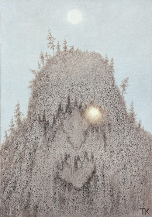 A mossy rock with sparse trees, lit by twin suns, evokes Norwegian troll lore from Troll Magic—Hidden Folk from the Mountains & Forests of Norway by Theodor Kittelsen (trans. Tiina Nunnally); TK initials bottom right.