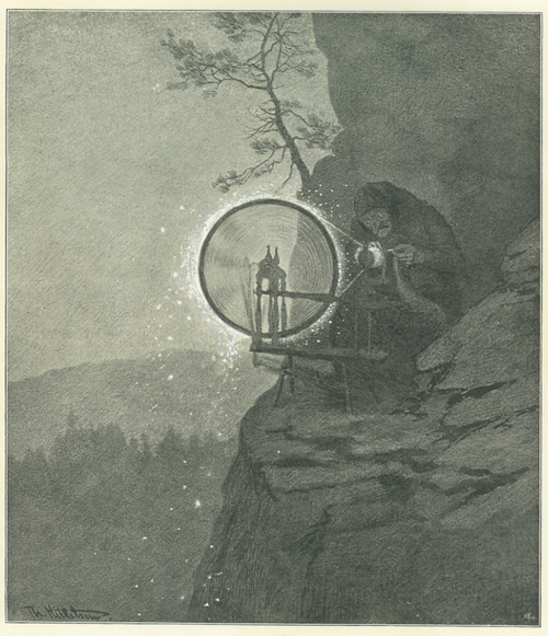 A hooded figure, like one from Troll Magic - Hidden Folk from the Mountains & Forests of Norway by Theodor Kittelsen, spins thread at a cliffs edge, with glowing light and a tree in the background.
